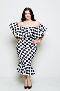 Plus Size Off Shoulder Polka Dot Mermaid Flounce Dress