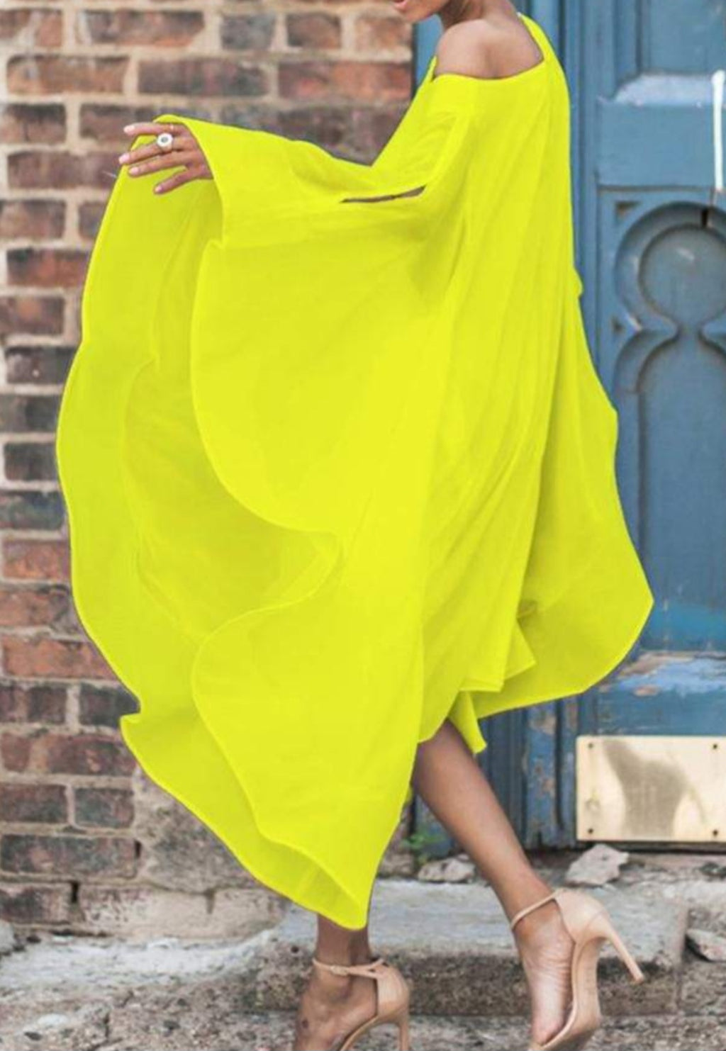 BAT SLEEVE ASYMMETRICAL CHIFFON MID-CALF DRESS