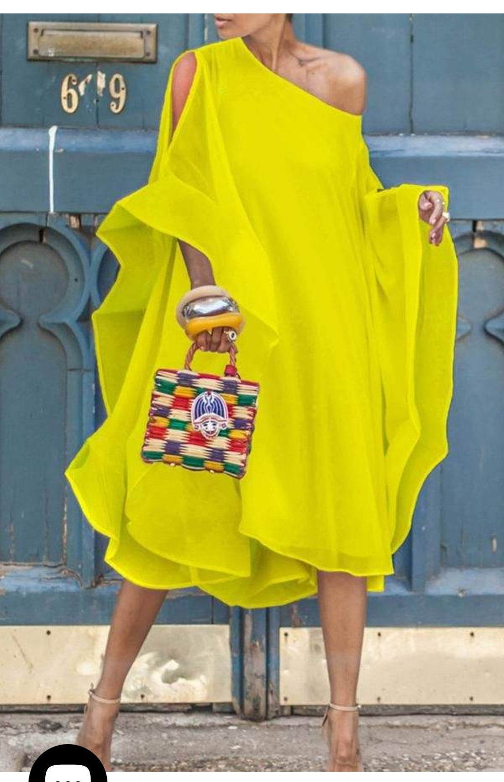 BAT SLEEVE ASYMMETRICAL CHIFFON MID-CALF DRESS