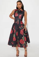 PLEATED FLORAL MIDI DRESS