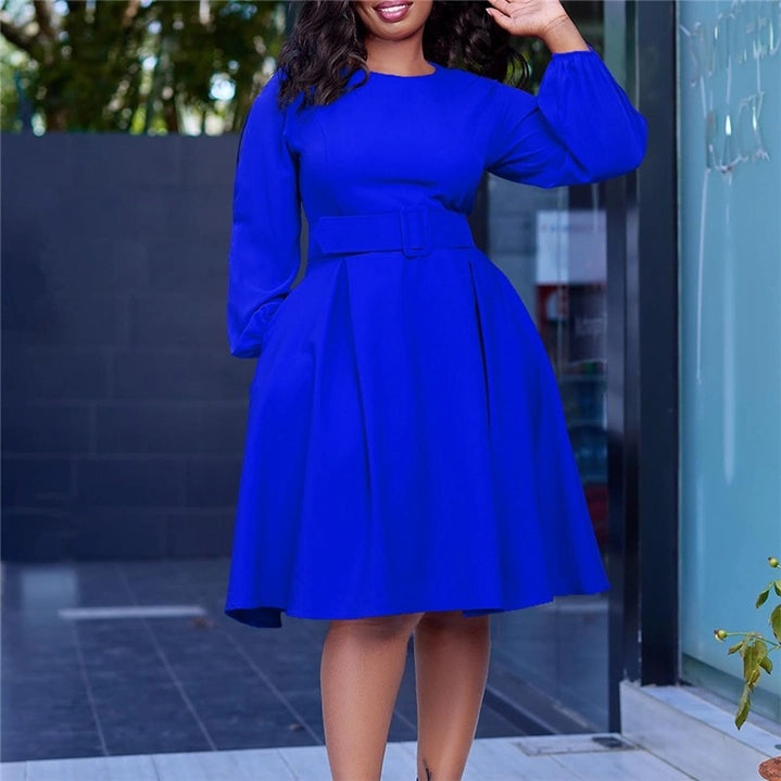BELTED, LONG SLEEVE, ROUND NECK DRESS