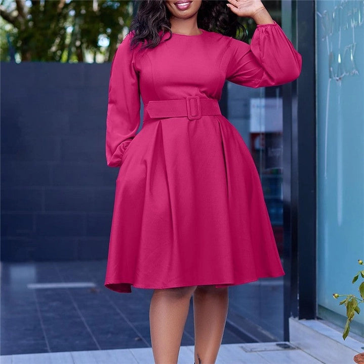 BELTED, LONG SLEEVE, ROUND NECK DRESS