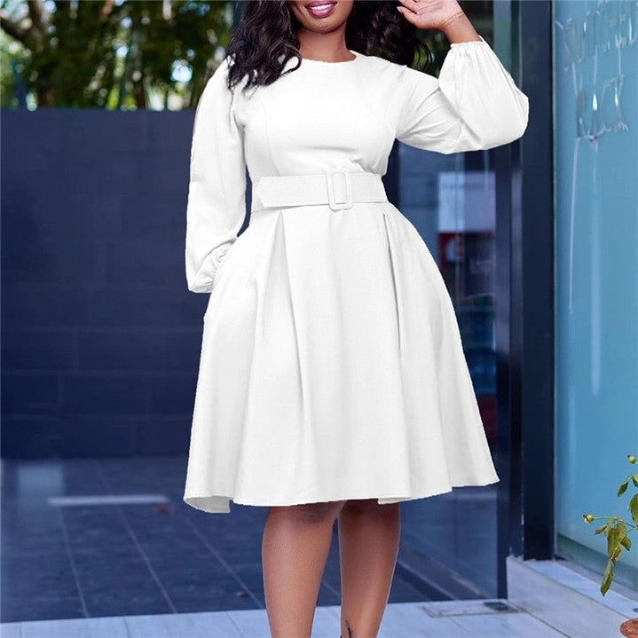 BELTED, LONG SLEEVE, ROUND NECK DRESS