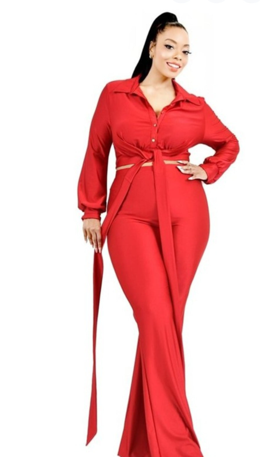 PLUS LONG SLEEVE CRIP TOP W/TIE, 2 PIECE SET