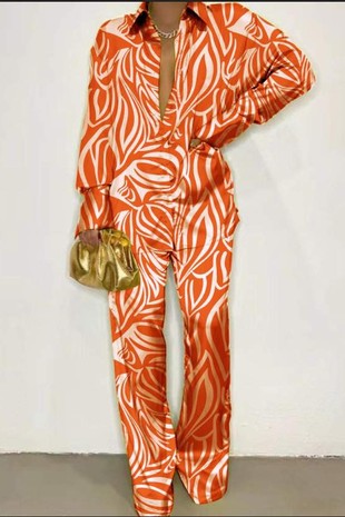 CASUAL LEAF PRINT 2-PIECE SUIT, ORANGE