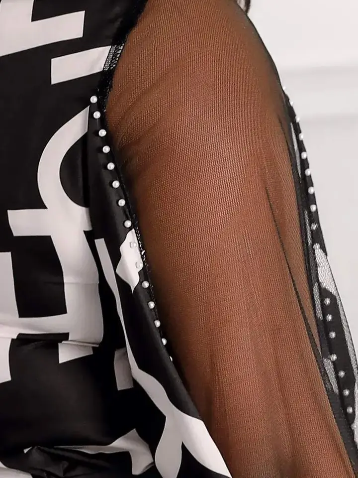 DECOR, LETTER PRINT, SHEER, MESH, LANTERN-SLEEVE TOP