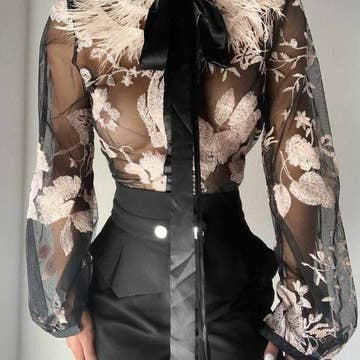 FLORAL TIE NECK CONTRAST FEATHER SHEER MESH TOP